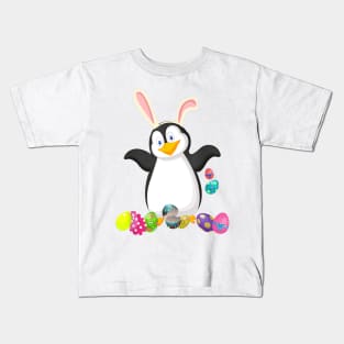 Penguin And Bunny Rabbit Hat Easter Eggs Happy Day Kids T-Shirt